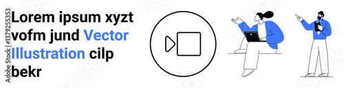 Two individuals engaging with digital tools, one using a laptop and another presenting ideas. Video play button emphasizes content creation. Ideal for media, teamwork, marketing, content creation