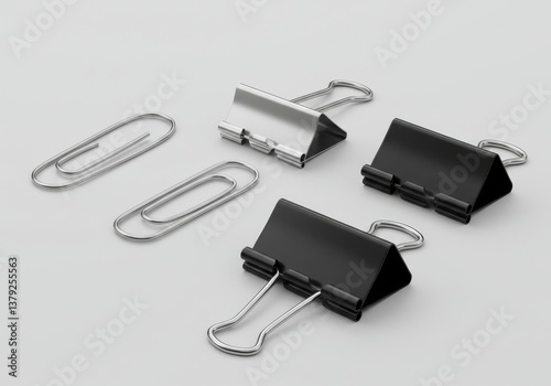 Metal office supplies silver paperclips isolated white background