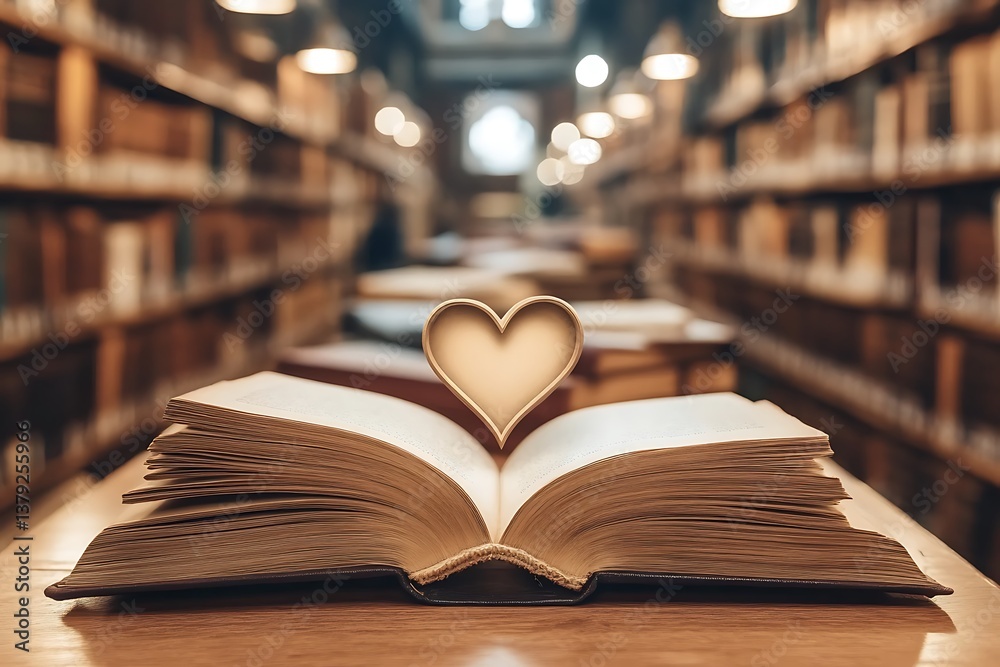 Fototapeta premium Open Book with Heart Gold in Library Setting on a Polished Wooden Table