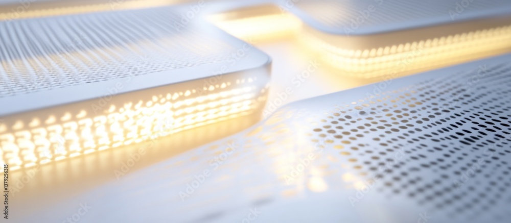 Glowing white, grid-patterned objects arranged on a surface Glowing white, grid-patterned objects arranged on a surface