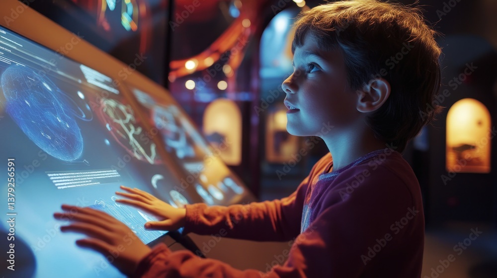 Child interacting with digital museum exhibit. Child interacting with digital museum exhibit.