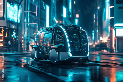Futuristic Self-Driving Vehicle in Neon-Lit City Street – Smart Electric Transport Concept at Night