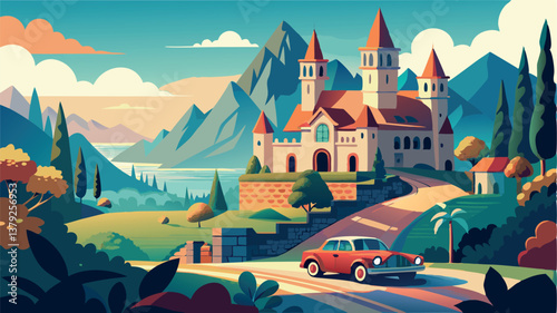 Stone castle. Mountains, red car. Beautiful panorama vector illustration