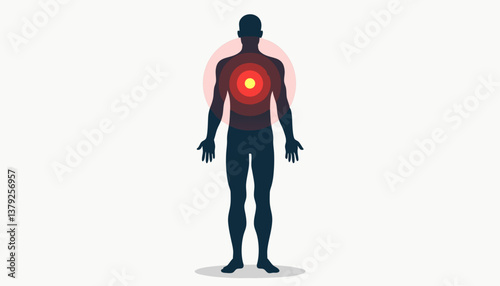 Human silhouette with energy core on plain background  