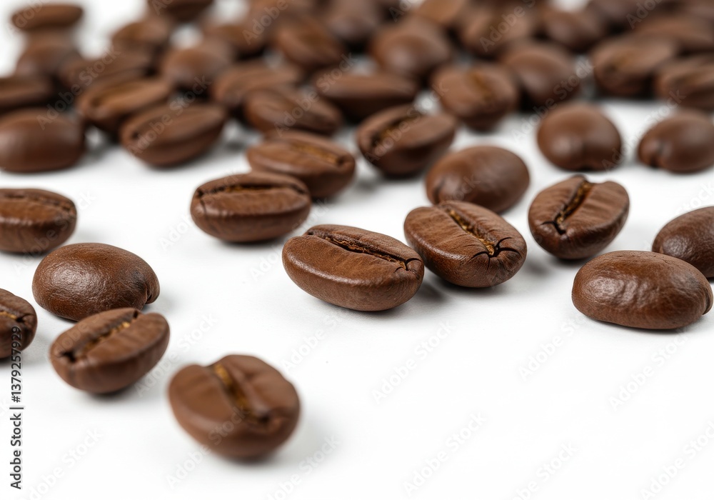 Coffee beans scattered close up white Coffee beans scattered close up white