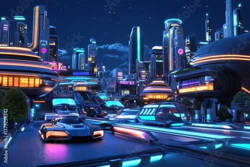 Futuristic Sci-Fi City at Night with Neon Lights and Flying Cars – Cyberpunk Smart City Concept