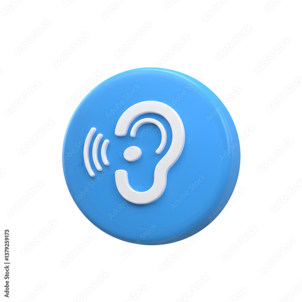 Stylized ear icon with sound waves on a light blue circular button Stylized ear icon with sound waves on a light blue circular button