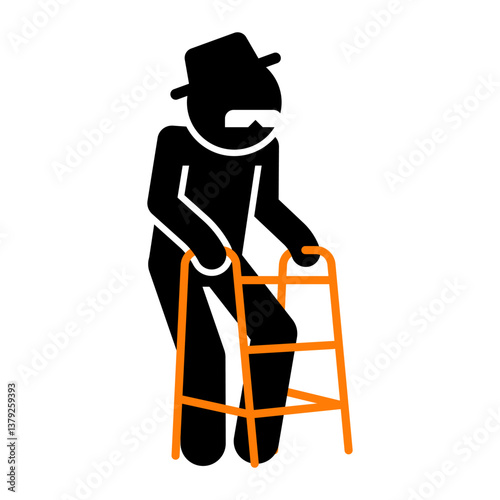 senior adult male using mobility walker icon symbol, persons with disabilities, geriatrics concept, rheumatoid arthritis, assisted living, physical therapy, aging process, isolated vector illustration
