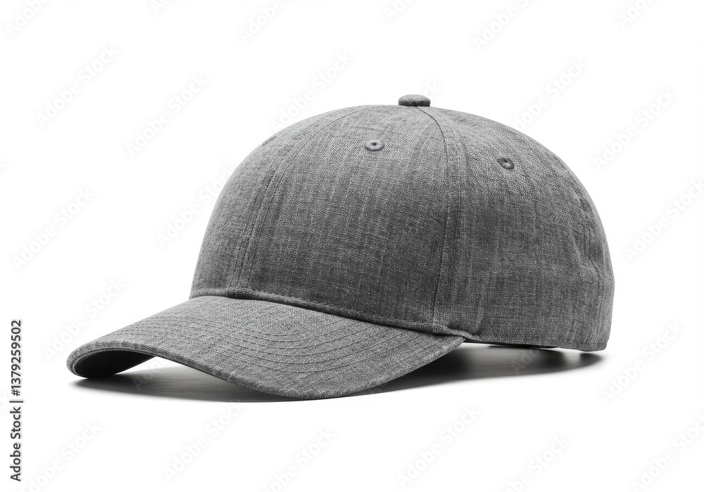 Fototapeta premium A gray baseball cap with a textured fabric finish isolated on a white background in a studio shot