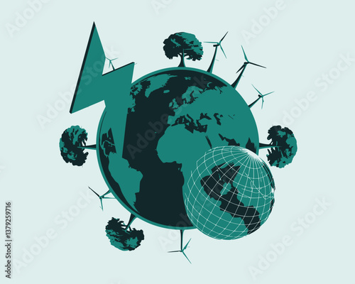 illustration poster design green Earth with trees, windmills, and a focus on sustainability and Eco-friendly travel using GPS technology. 
