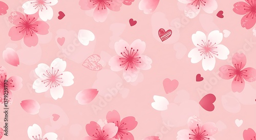 Delicate Pink Cherry Blossom Watercolor Hearts AI Generated