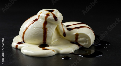 Close up of burrata cheese drizzled with balsamic glaze on a dark reflective surface studio shot