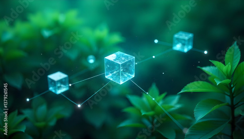Luminous Green Blockchain Cubes Networked in Lush Foliage