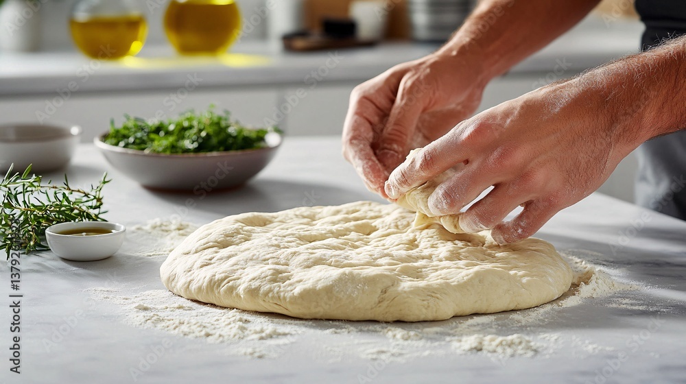 Person kneading fresh dough on a marble surface, preparing for baking. Person kneading fresh dough on a marble surface, preparing for baking.