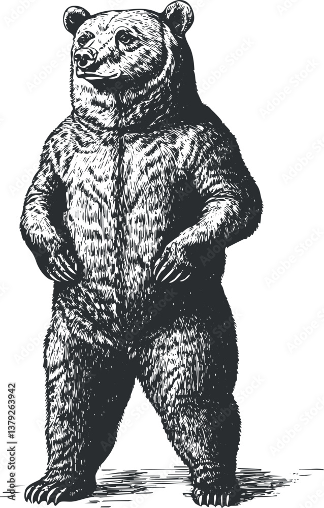 Fototapeta premium Detailed black and white illustration of a standing bear in a vintage sketch style.