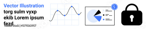 Line graph tracking data trends, pie chart analysis with dollar icon, and security lock symbol. Ideal for technology, finance, data privacy, statistics, analysis, security simple landing page