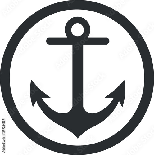 Black and white anchor icon inside a circle, representing nautical themes and marine design.