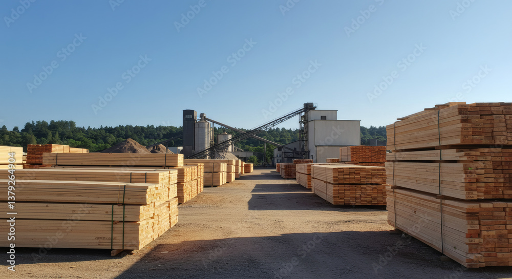 Fototapeta premium Scierie avec grues et bois empilé