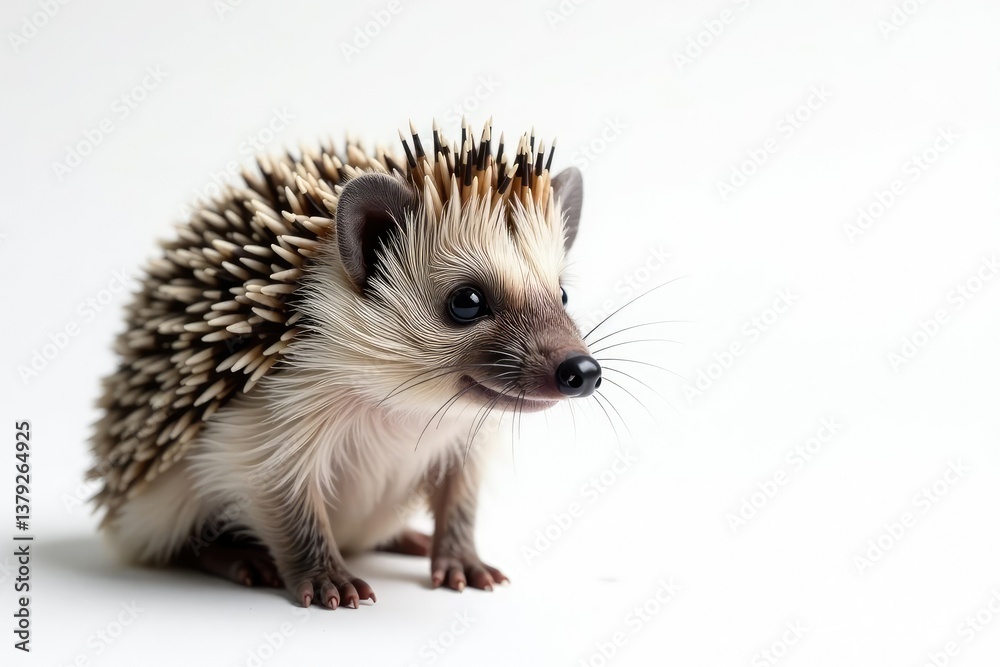 Close-up of a single hedgehog against a seamless white backdrop , isolated background, macro, detail Close-up of a single hedgehog against a seamless white backdrop , isolated background, macro, detail