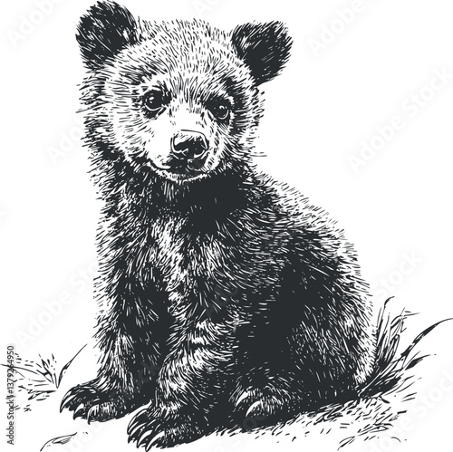 Black and white illustration of a cute bear cub sitting, showcasing detailed fur texture.