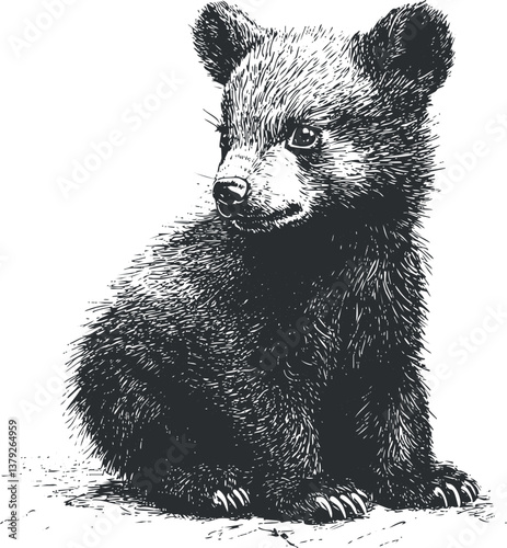 Black and white illustration of a bear cub sitting with detailed fur and expressive eyes.