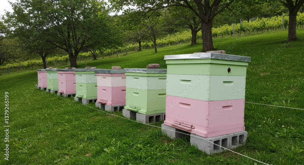 Ruches colorées dans un verger