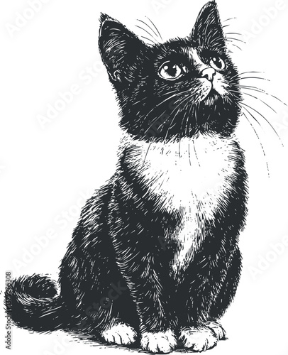 Monochrome sketch of an adorable kitten with detailed fur and expressive eyes.