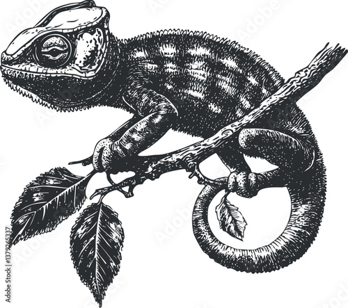 Detailed black and white illustration of a chameleon on a branch with leaves.