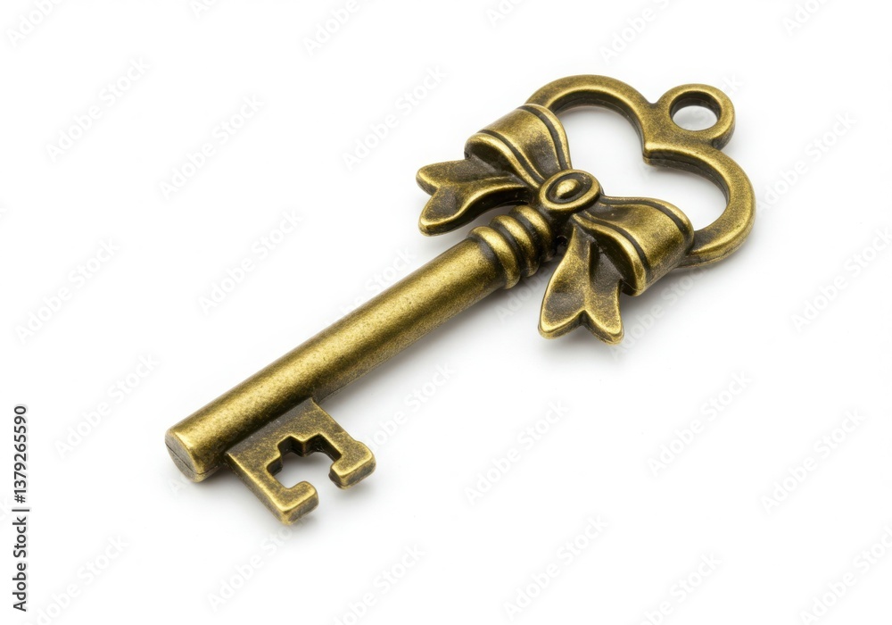 Antique brass skeleton key with ornate heart-shaped bow and intricate details on a white background Antique brass skeleton key with ornate heart-shaped bow and intricate details on a white background
