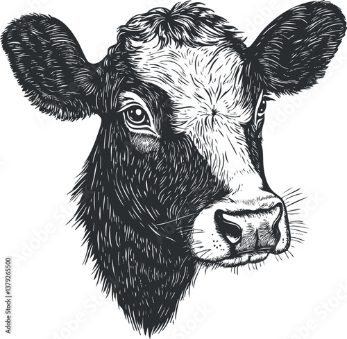 Detailed black and white illustration of a cow's head in a sketch style.