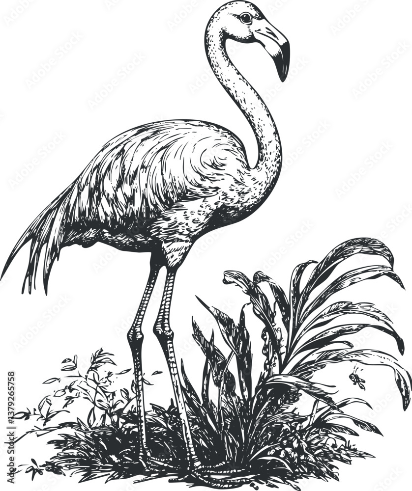 Fototapeta premium Detailed black and white illustration of a flamingo standing amidst tropical foliage.