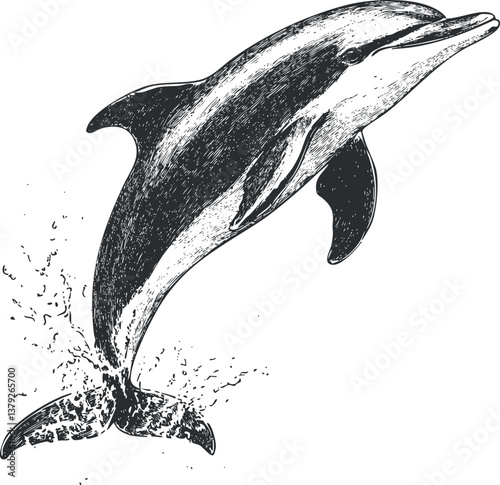 Black and white illustration of a dolphin jumping out of the water with a splash.
