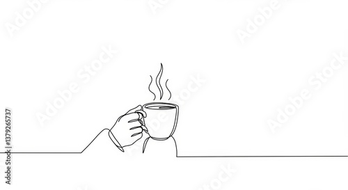Minimalist line art illustration depicting a hand holding a steaming coffee cup
