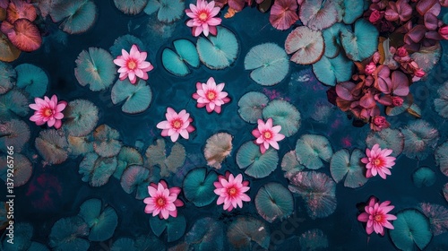 Wallpaper Mural Tranquil Pink Water Lilies Floating on Calm Blue Pond Surface Torontodigital.ca