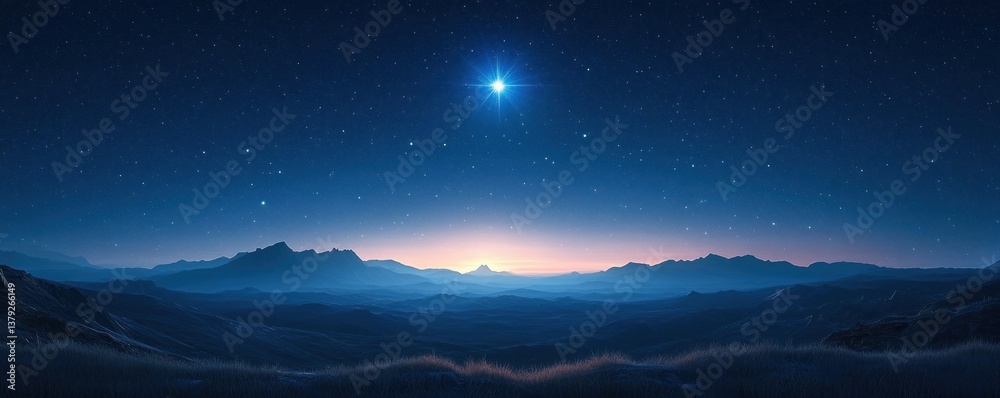 Fototapeta premium A Winter Night Sky with a Bright Star Over Serene Mountains in Bethlehem