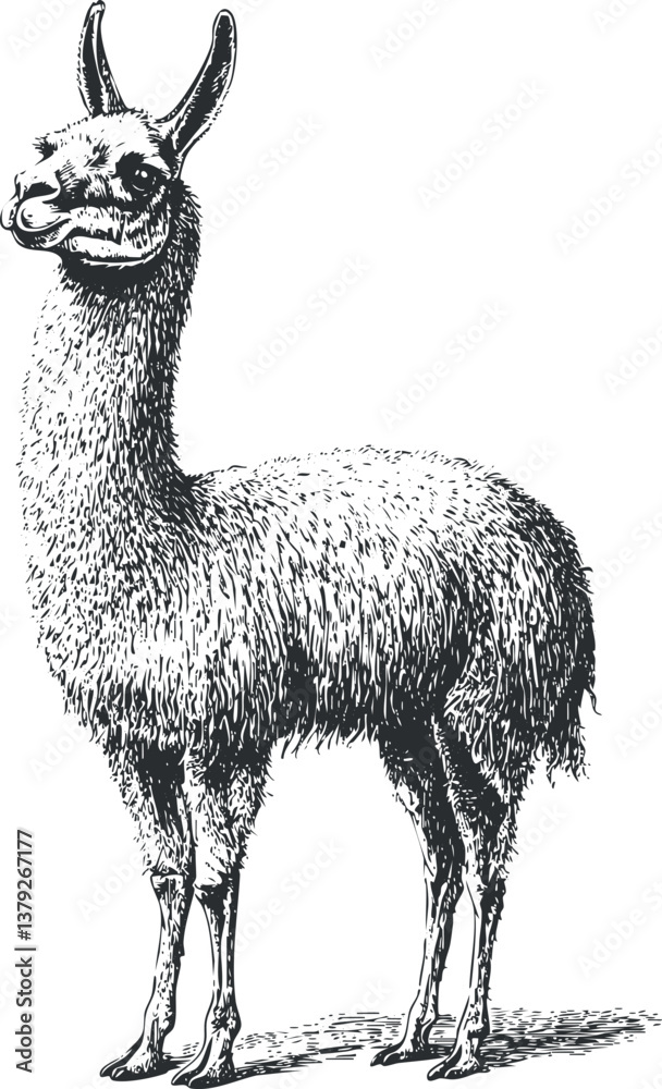 Fototapeta premium Black and white illustration of a llama with detailed fur texture standing and facing forward.