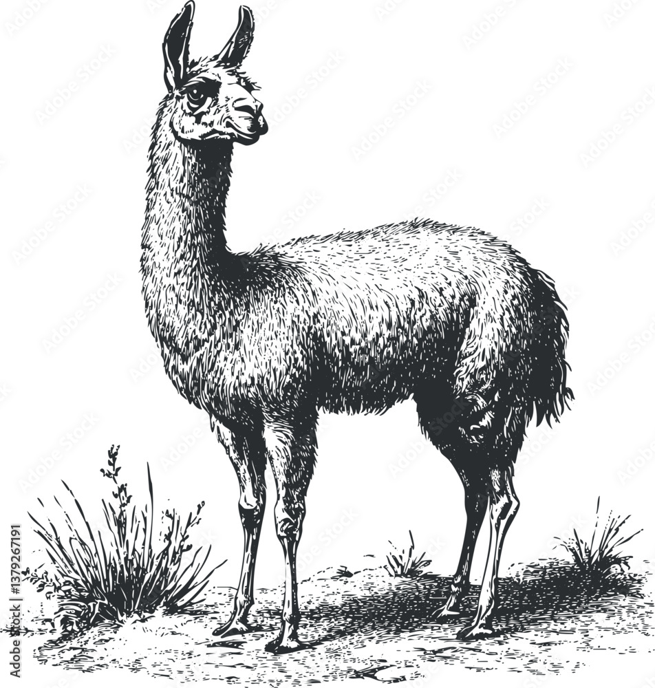 Fototapeta premium Black and white illustration of a standing llama with detailed fur and natural background.