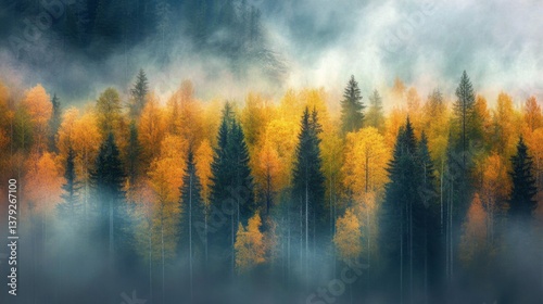 Misty Autumn Forest with Yellow and Green Trees in Foggy Landscape