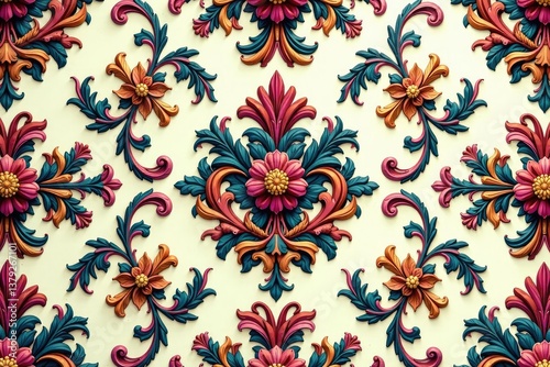 Intricate floral damask pattern, swirling vines and leaves , surface, invitation