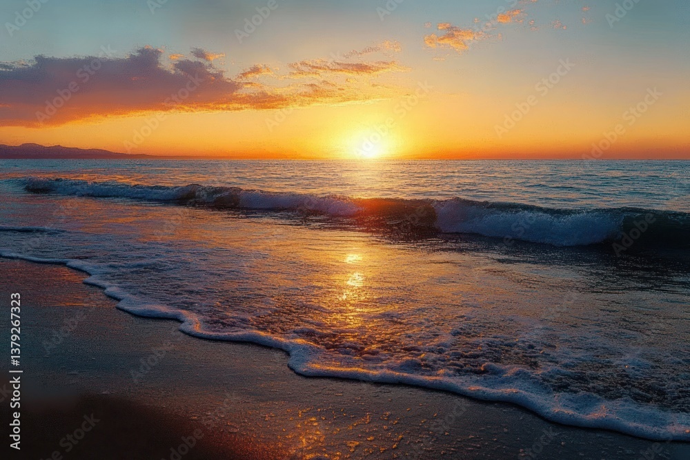 serene coastal sunset with gentle waves and golden horizon serene coastal sunset with gentle waves and golden horizon