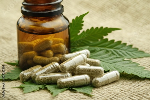 Cannabis-infused capsules, natural remedy photo
