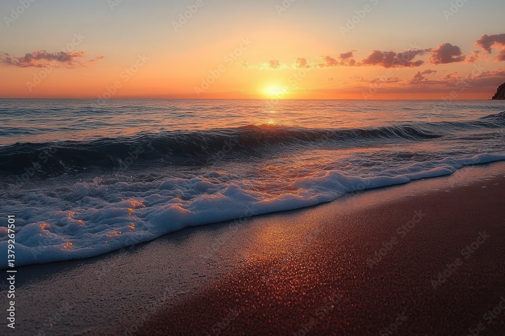 Fototapeta premium serene sunset beach waves golden light horizon