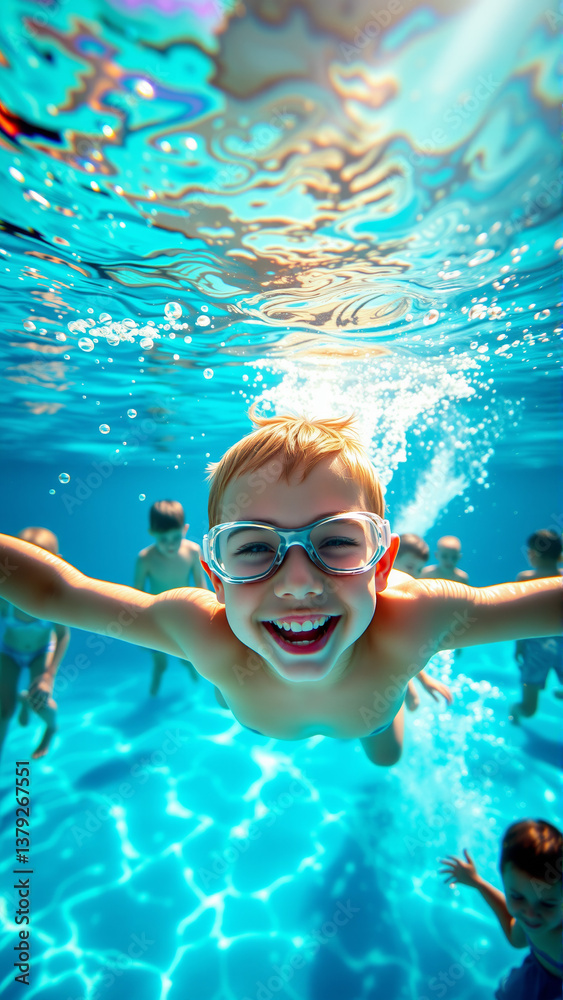Naklejka premium Portrait of a boy swimming underwater in a pool. A joyful child looks at the camera.
