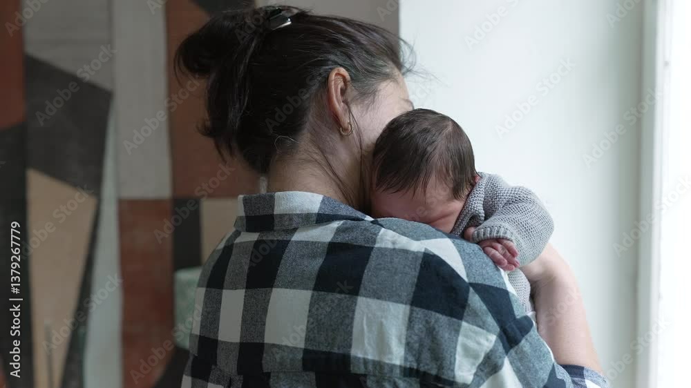Mother standing by the window with newborn baby on her shoulder, capturing a serene moment of bonding Mother standing by the window with newborn baby on her shoulder, capturing a serene moment of bonding