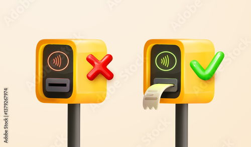 3d cartoon NFC payment terminals showing approved and declined transactions. One POS with green checkmark, other displays error with a red cross, indicating a failed payment. 3D vector illustration.