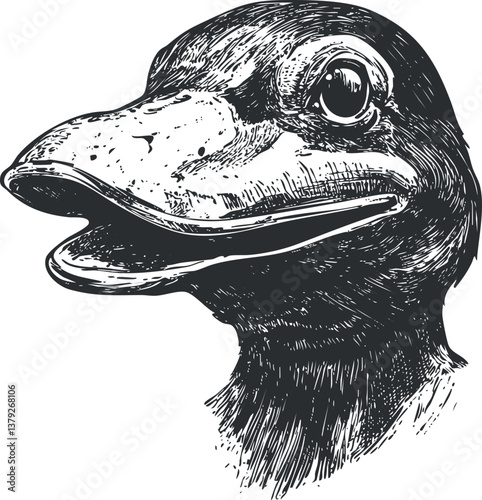 Detailed black and white sketch of a duck's head with a focus on the beak and eyes.
