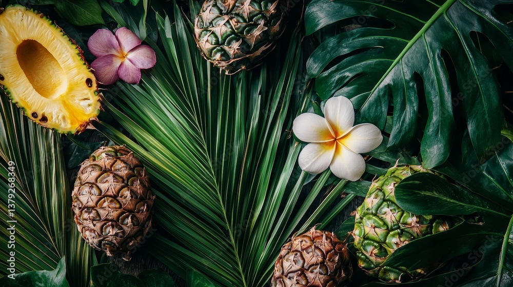 Fototapeta premium Pineapples and tropical flowers on palm leaves background