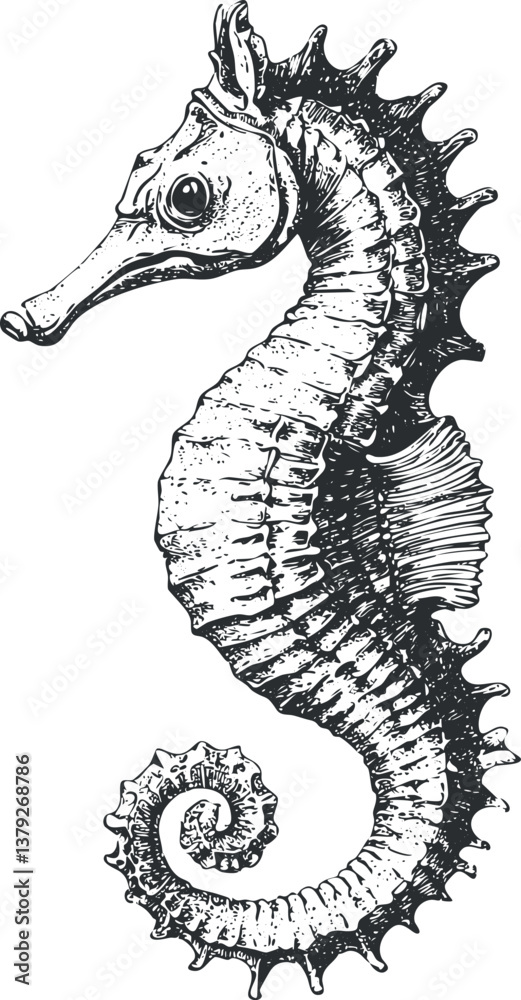 Fototapeta premium Intricate black and white illustration of a seahorse showcasing detailed marine life art.