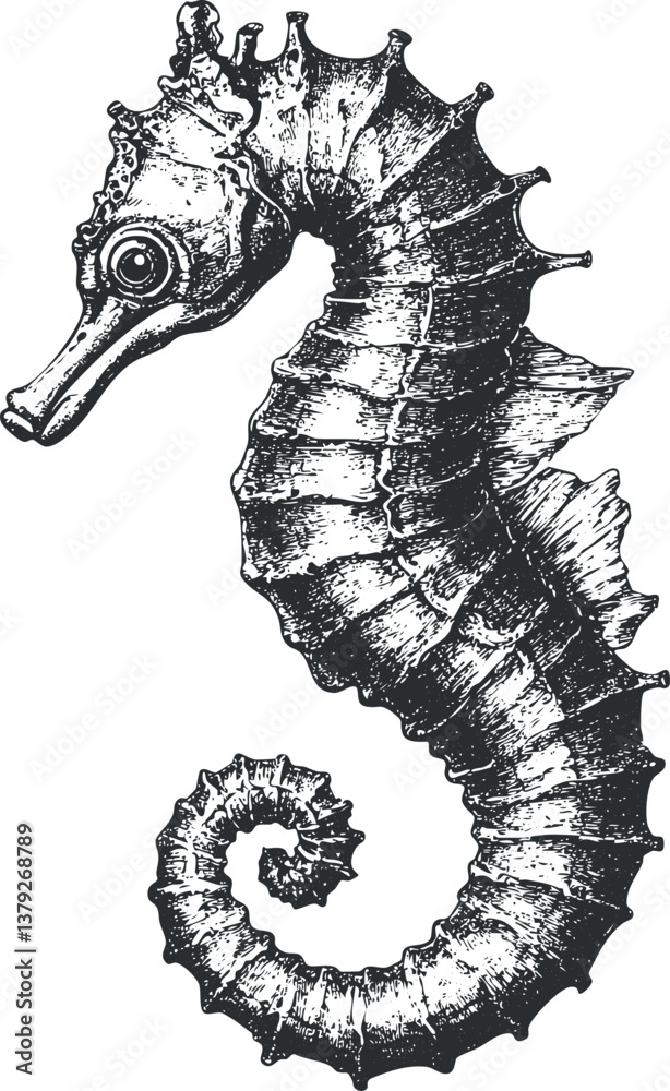 Fototapeta premium Detailed black and white illustration of a seahorse, showcasing intricate design and marine life.