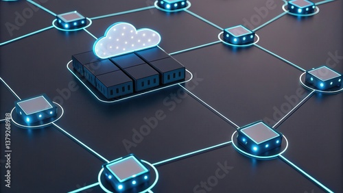 Serverless digital representation of serverless technology showcases interconnected nodes and cloud symbolizing modern computing infrastructure. glowing lines highlight connectivity and innovation